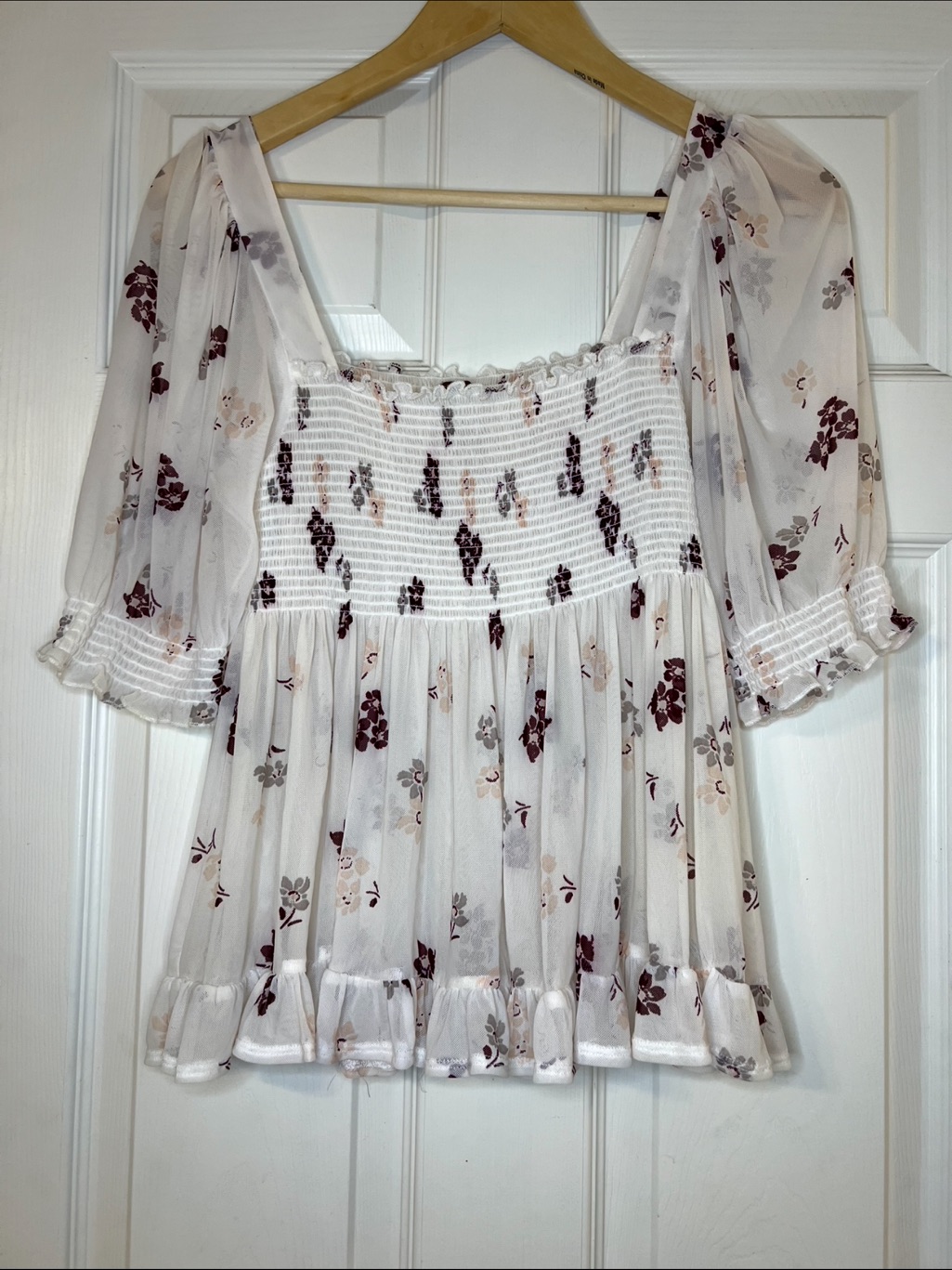 Free People Delta Dawn Floral Mesh Smocked Top Size S Square Neck White Flowers